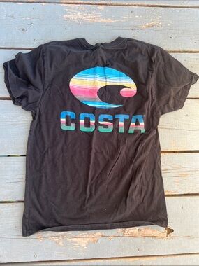 Costa Black Tee Men's Medium with Striped Multicolor Logo